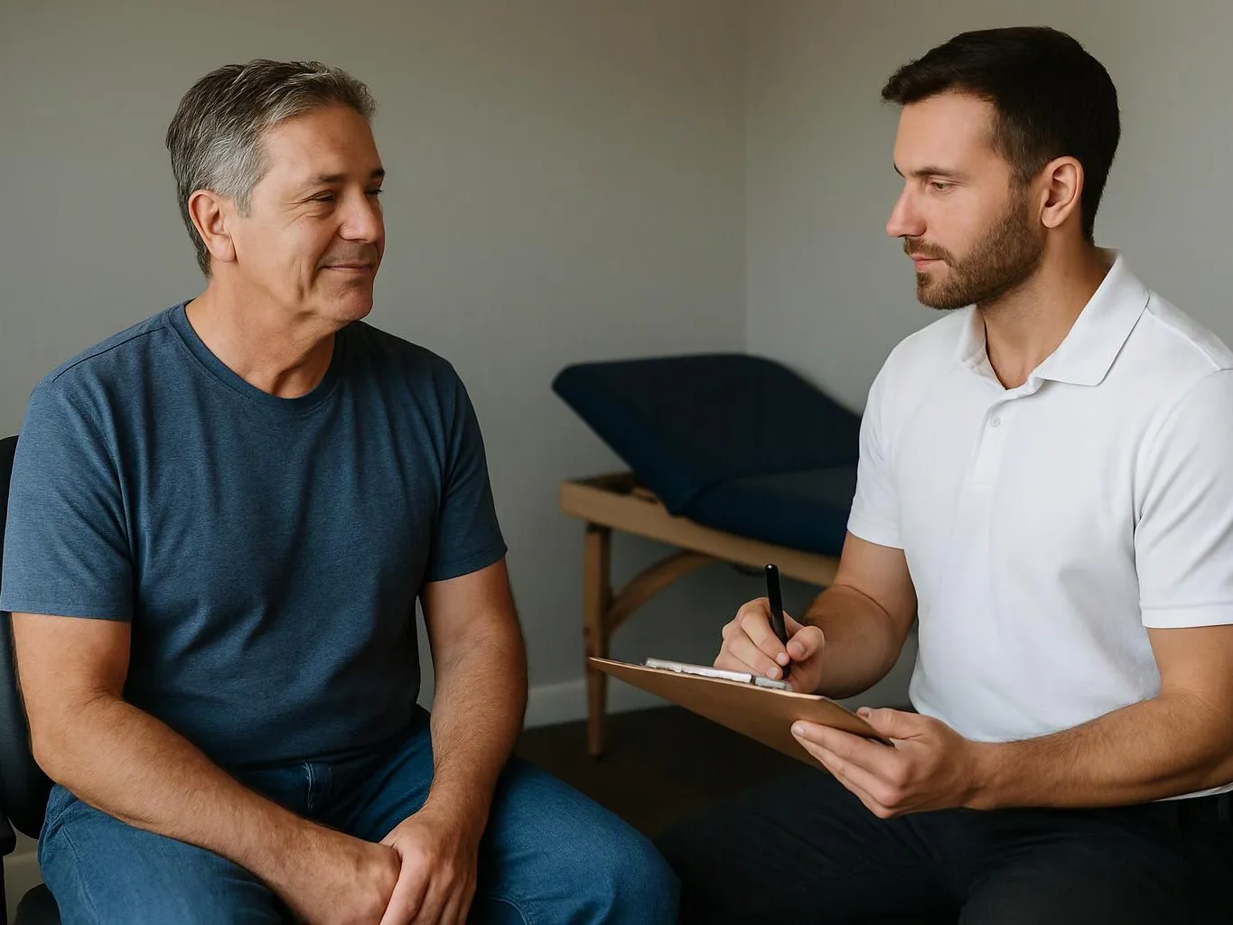 A man takes notes while talking with another man in a simple exam room