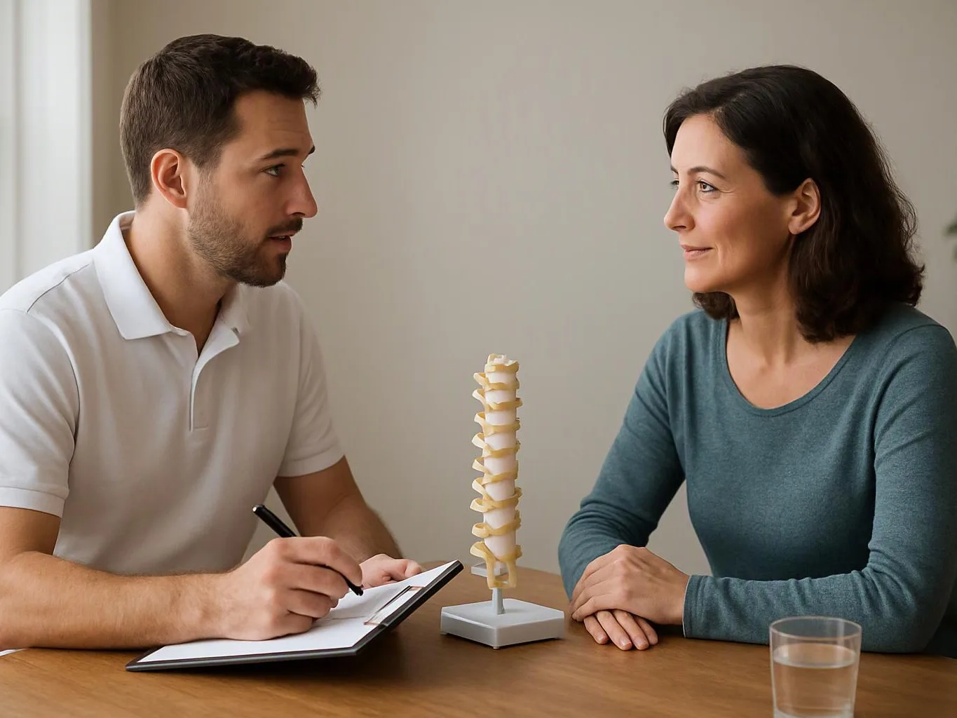 A man takes notes while talking with a woman beside a spine model at a table