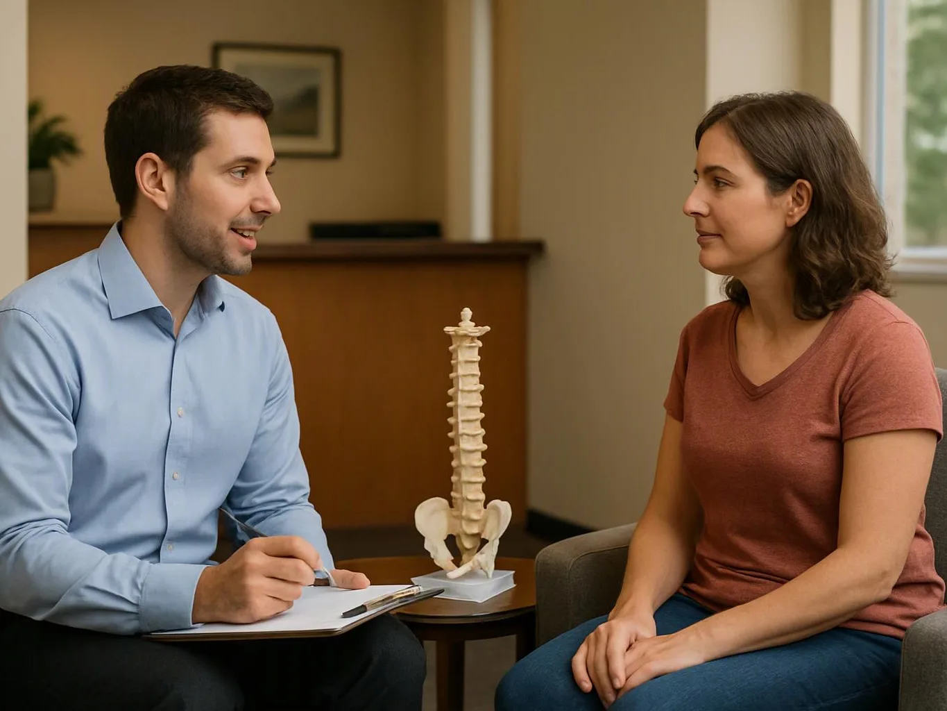 A man talks with a woman in a waiting room, with a spine model on the table between them