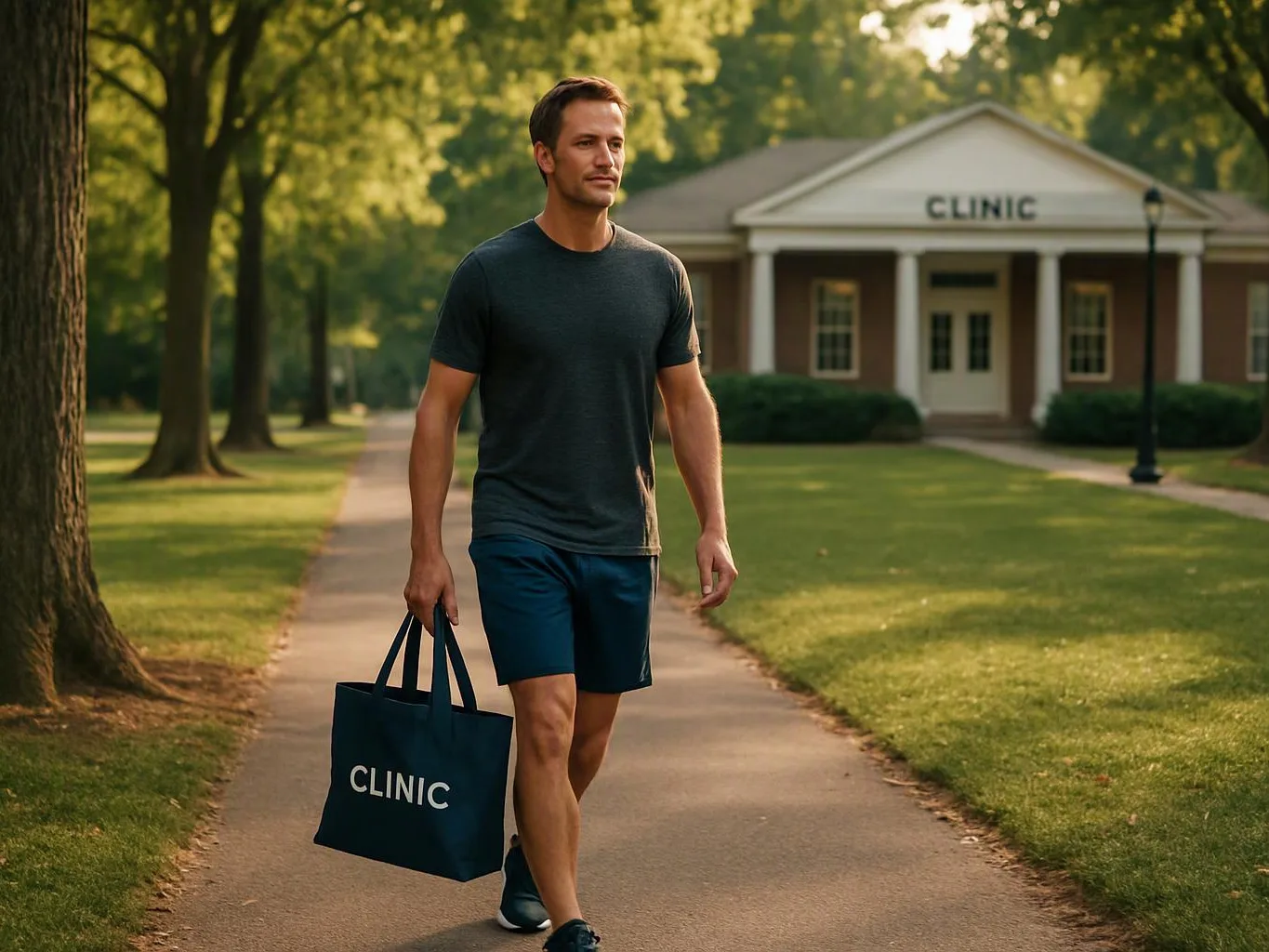 A man walks along a tree-lined path carrying a tote bag labeled "CLINIC" toward a small building with the same sign