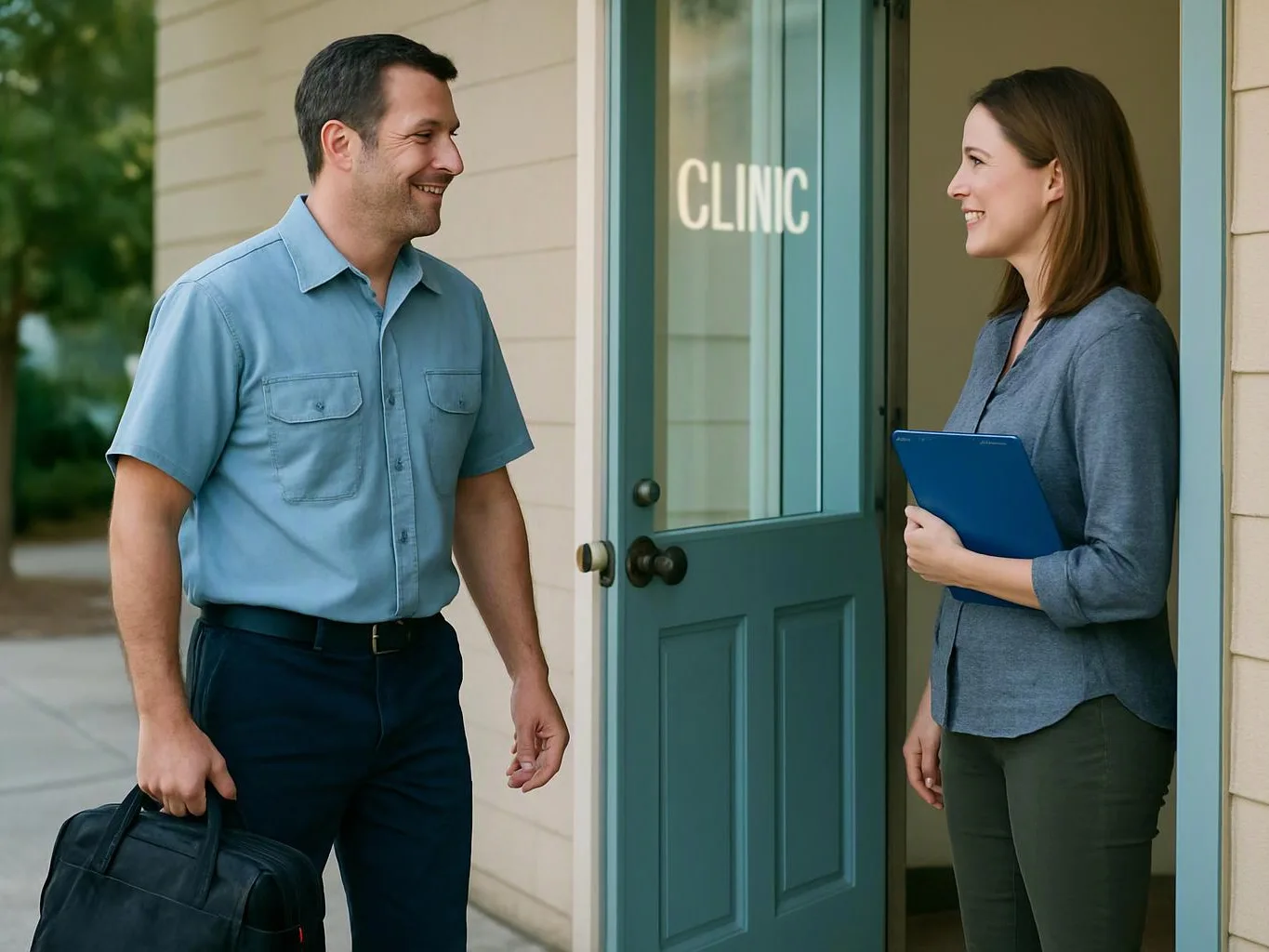 A man and woman smile outside a clinic door, and she holds a blue folder