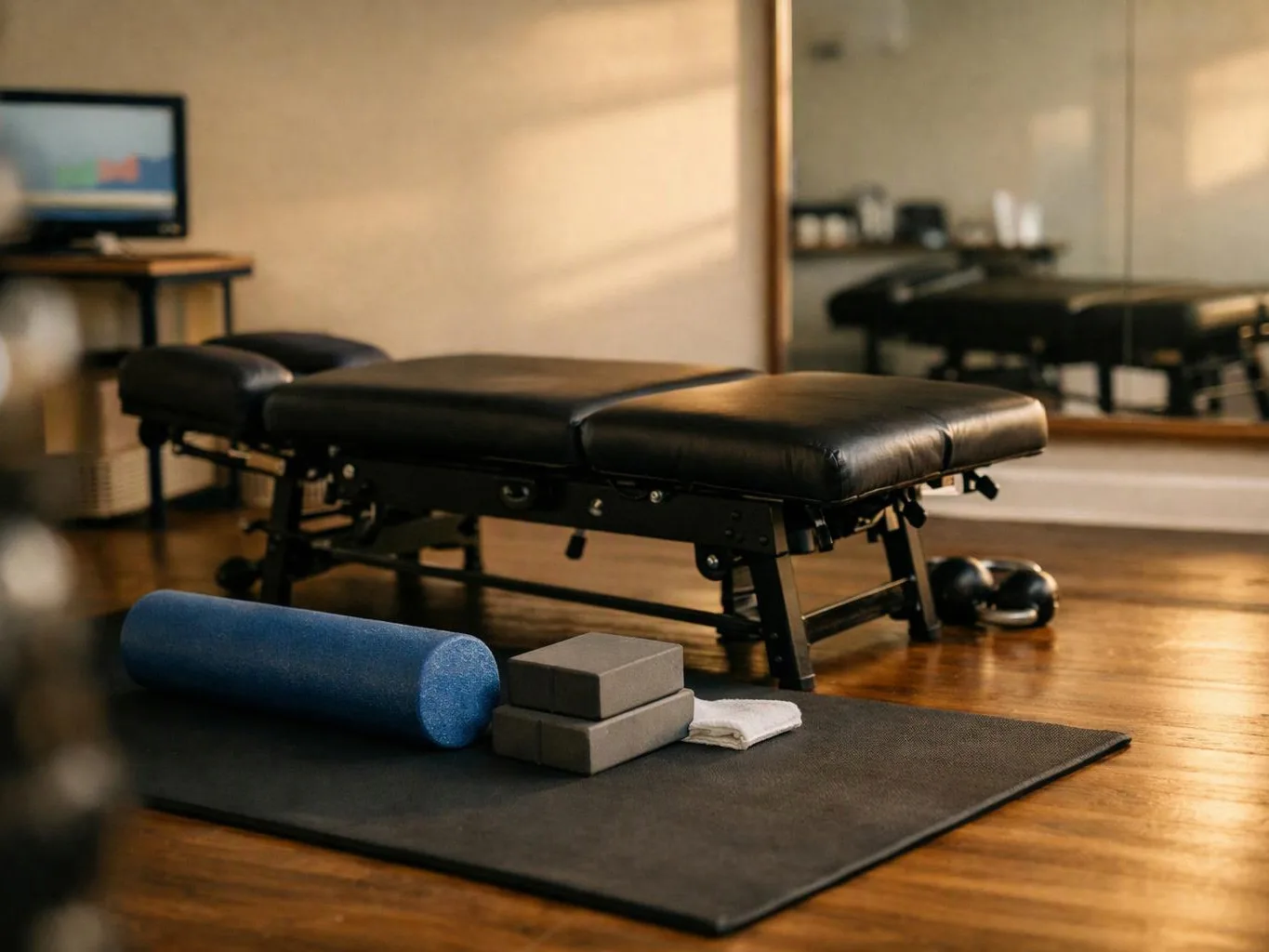 A massage table sits in a quiet studio beside a mat with foam roller, blocks, and towel
