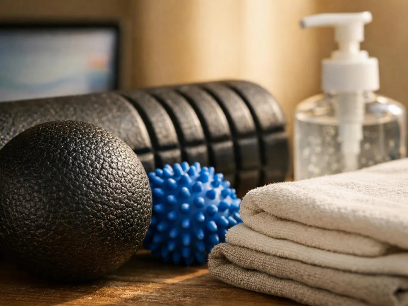 Massage tools, folded towels, and a pump bottle sit on a wooden table in warm light