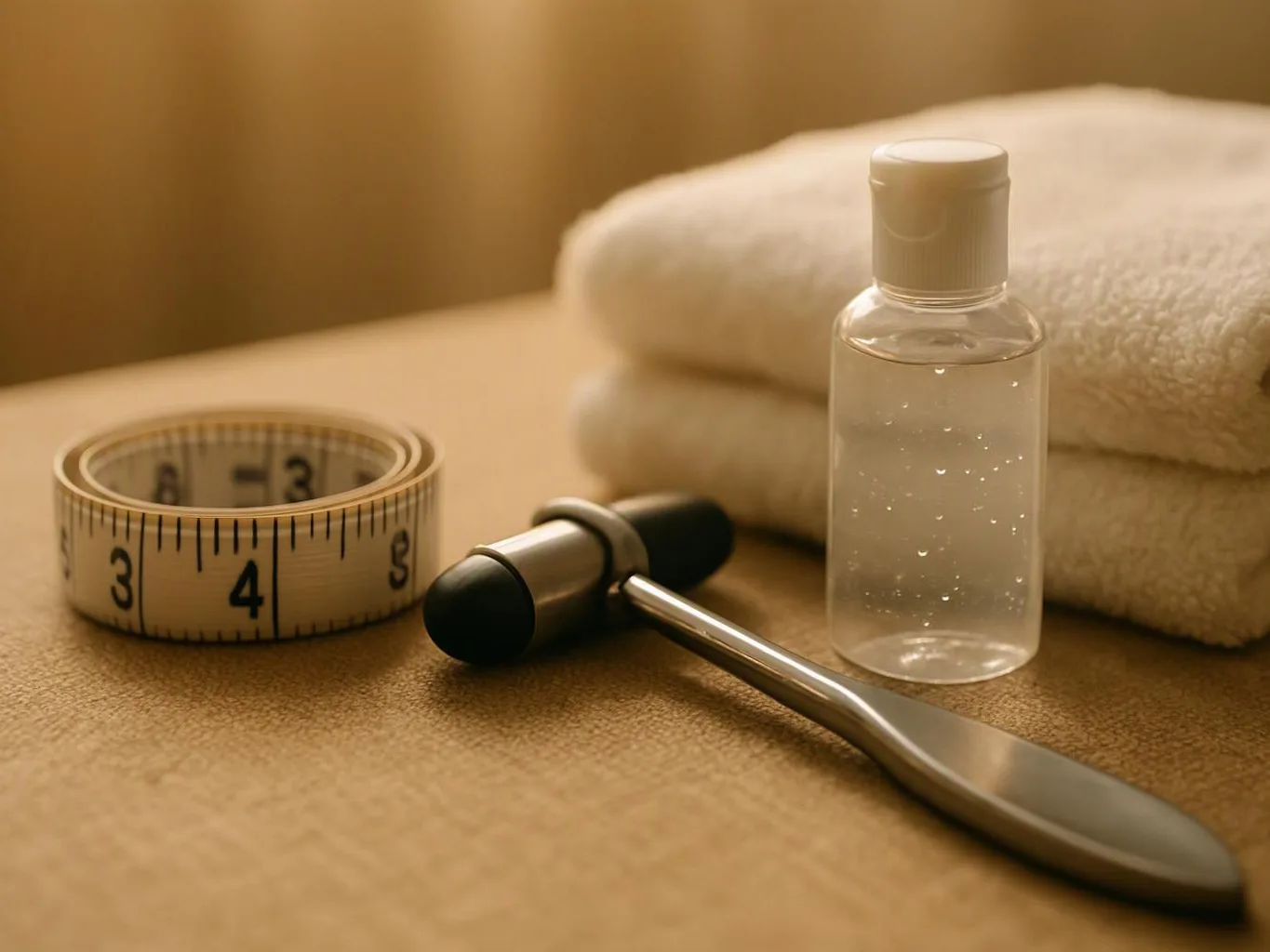 A measuring tape, massage tool, small clear bottle, and folded towels sit on a warm surface
