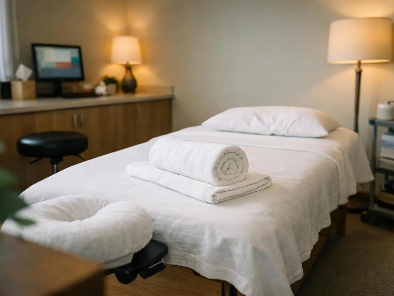 A neatly made massage table sits in a softly lit room with folded towels and lamps nearby