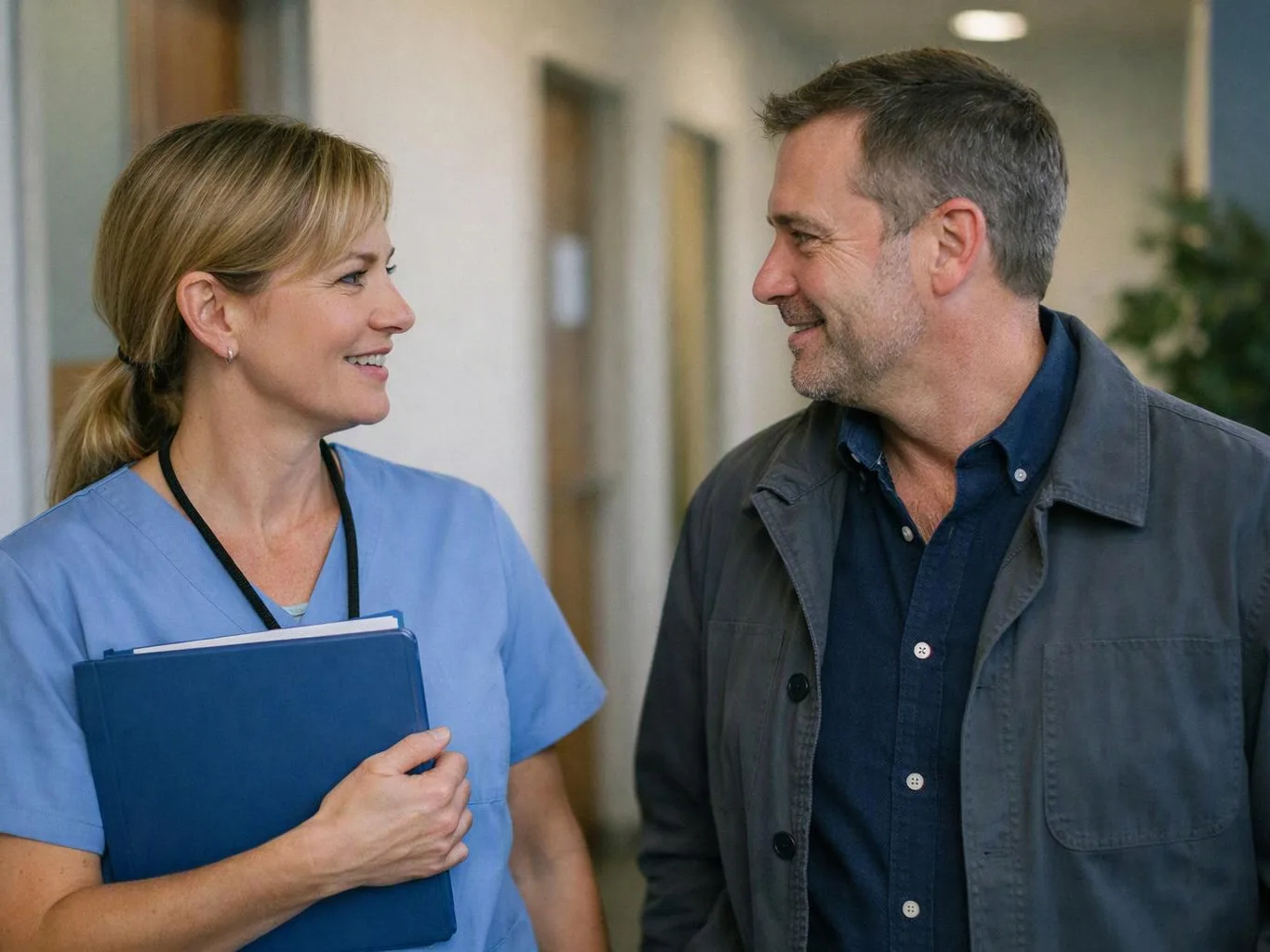 A nurse in blue scrubs holds a folder while smiling at a man in a hallway