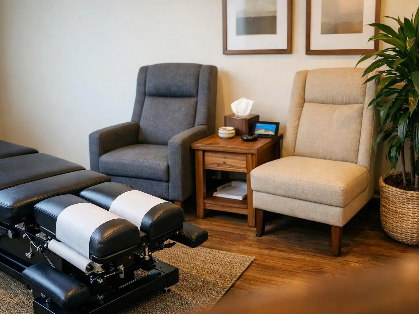 A padded treatment table sits beside two armchairs and a small side table in a calm room