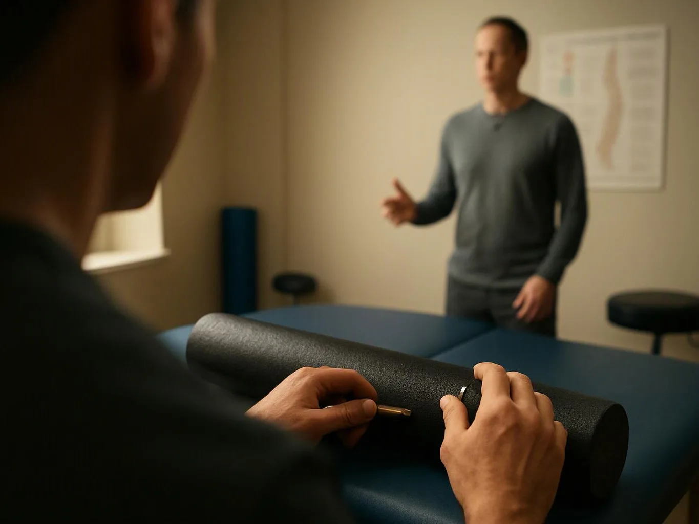 A person in the foreground holds a black foam roller while another person stands nearby in a treatment room