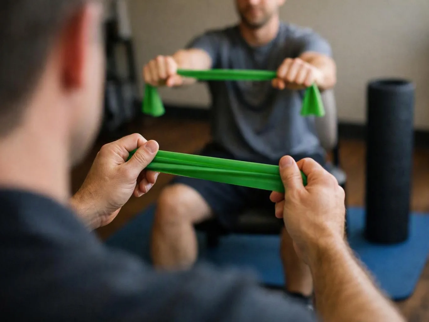 A person in the foreground stretches a green resistance band while another sits facing them in a gym setting