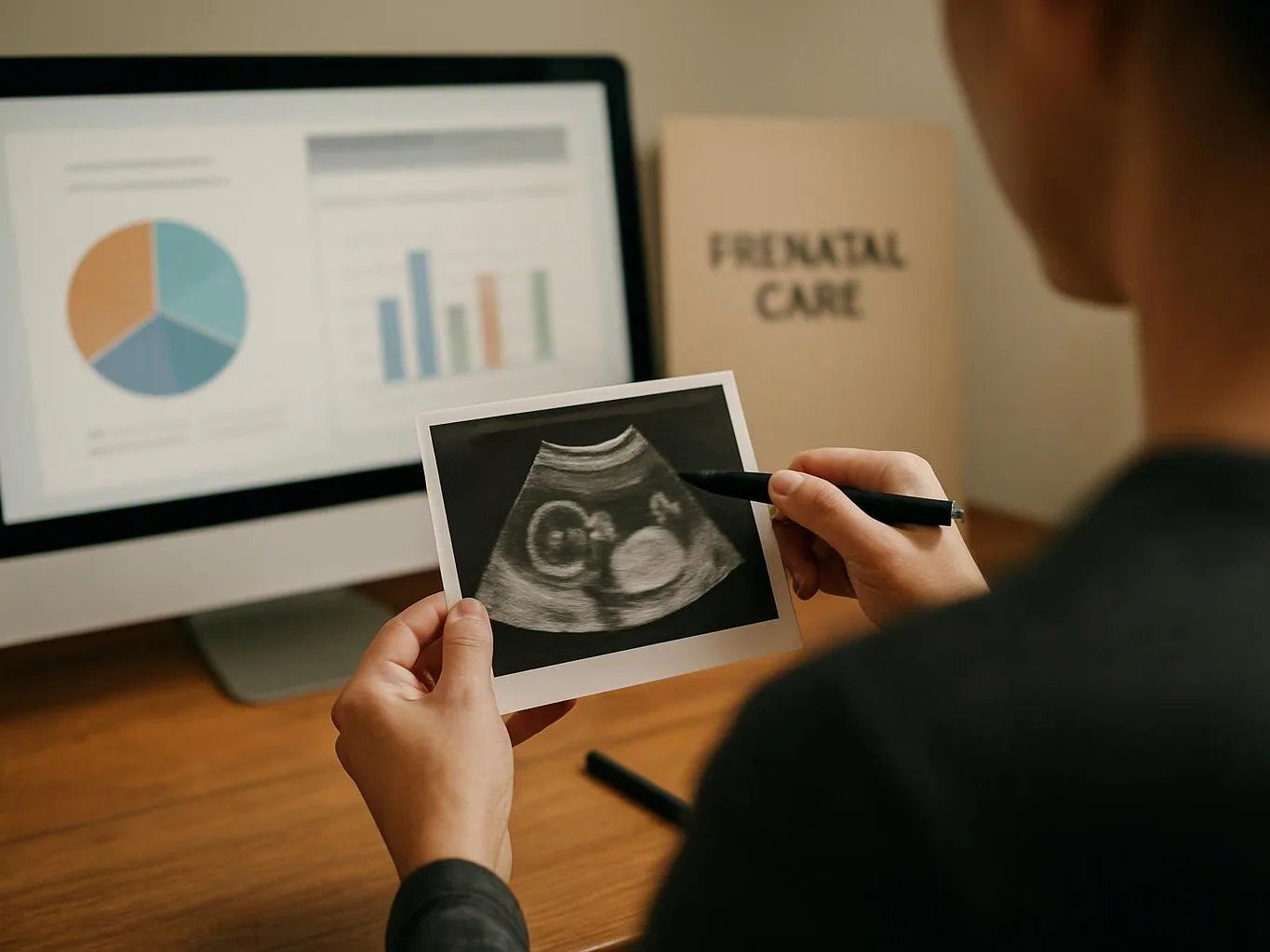Person holding an ultrasound photo and pointing at a computer screen beside a prenatal care book