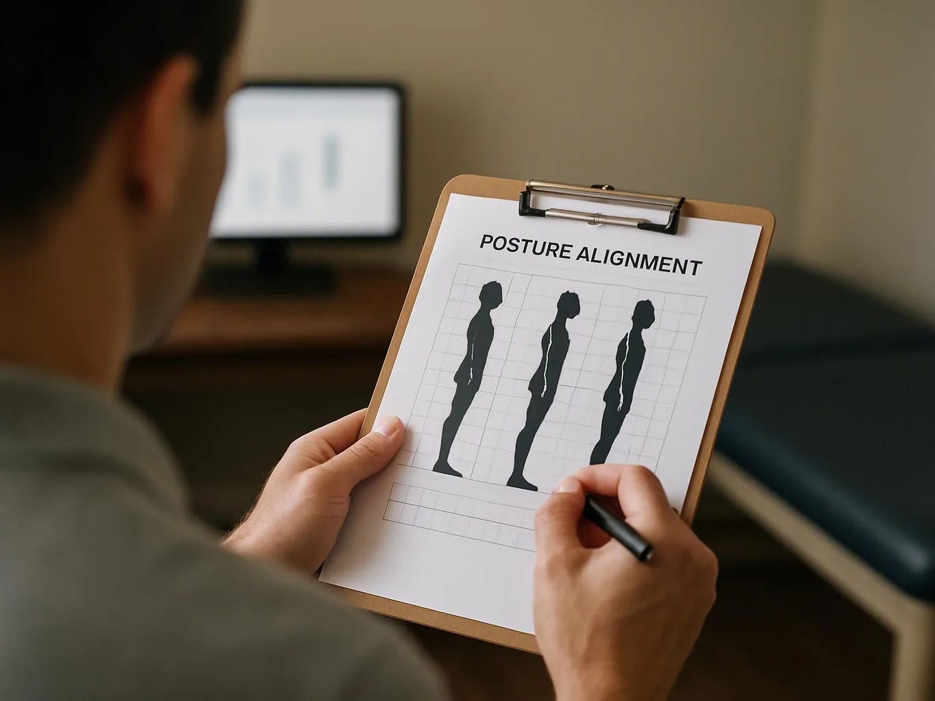 A person holds a clipboard with a posture alignment chart while writing in a dim exam room
