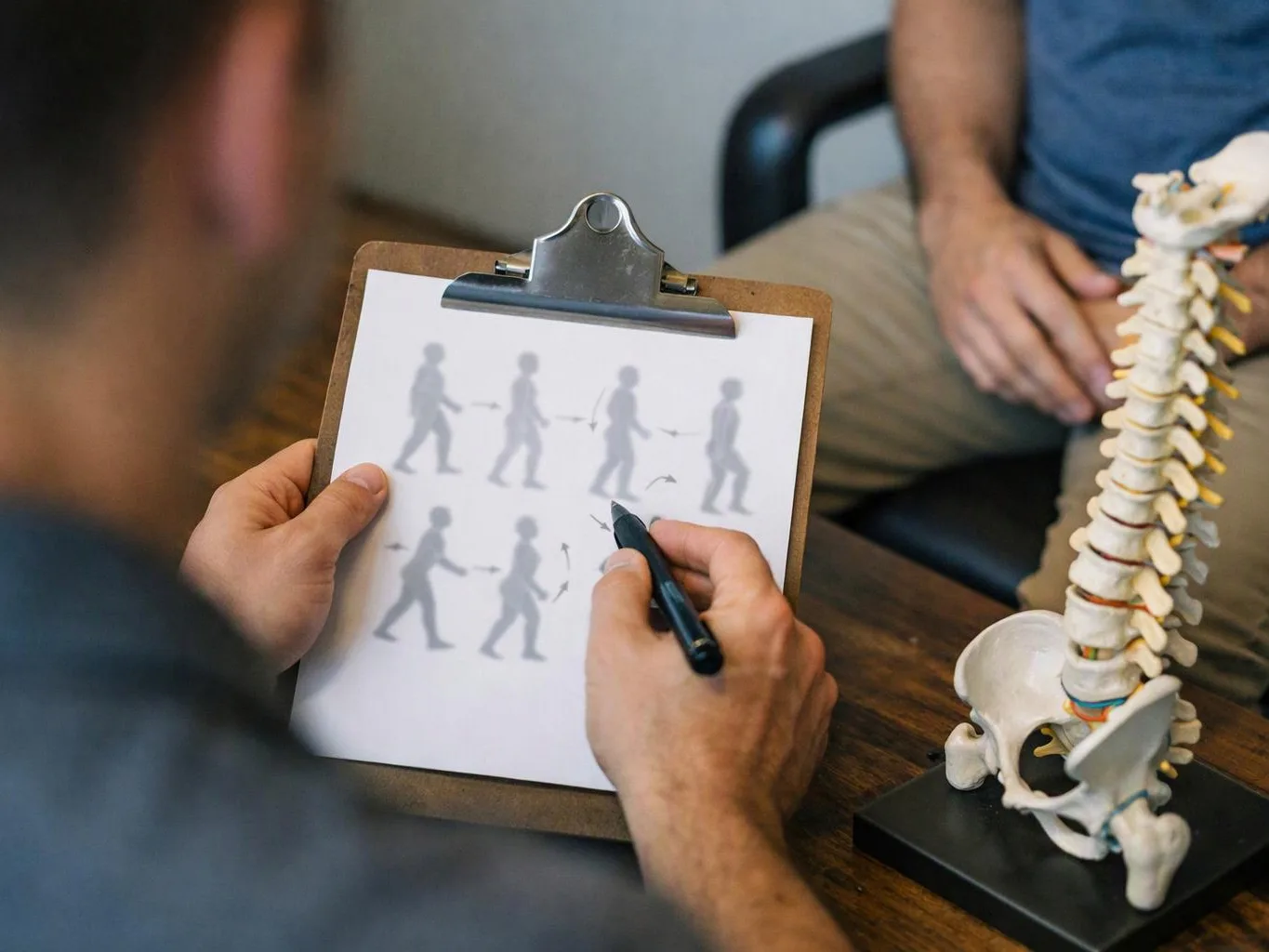 A person holds a clipboard with walking silhouettes while another sits beside a spine model on a table