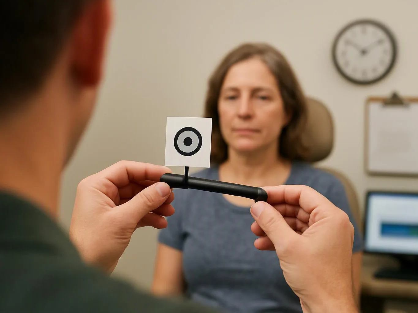 A person holds a vision test target in front of a seated woman in an exam room