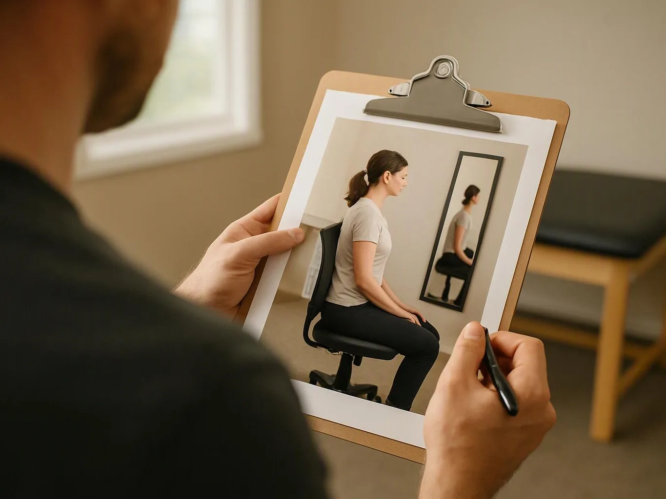A person studies a seated woman on a clipboard photo in a quiet room, holding a pen