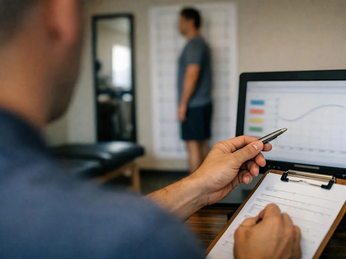A person writes on a clipboard beside a laptop chart, while another person stands blurred in the background