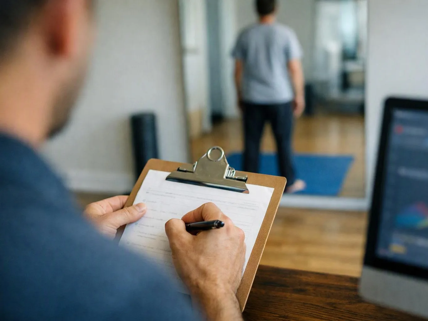 A person writes on a clipboard while another stands blurred in a room with a blue mat
