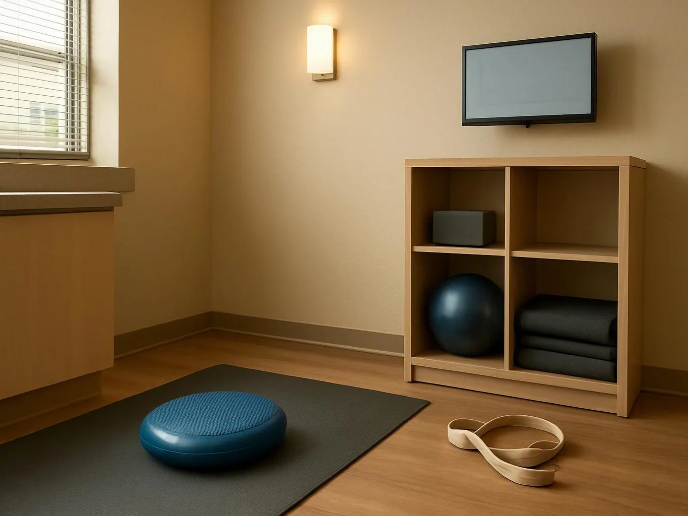 A quiet exercise room shows a yoga mat, balance cushion, folded mats, a ball, and a wall-mounted screen