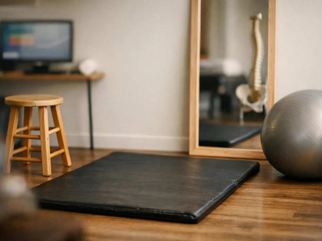 A quiet room shows a black exercise mat, a wooden stool, a mirror, and a gray stability ball