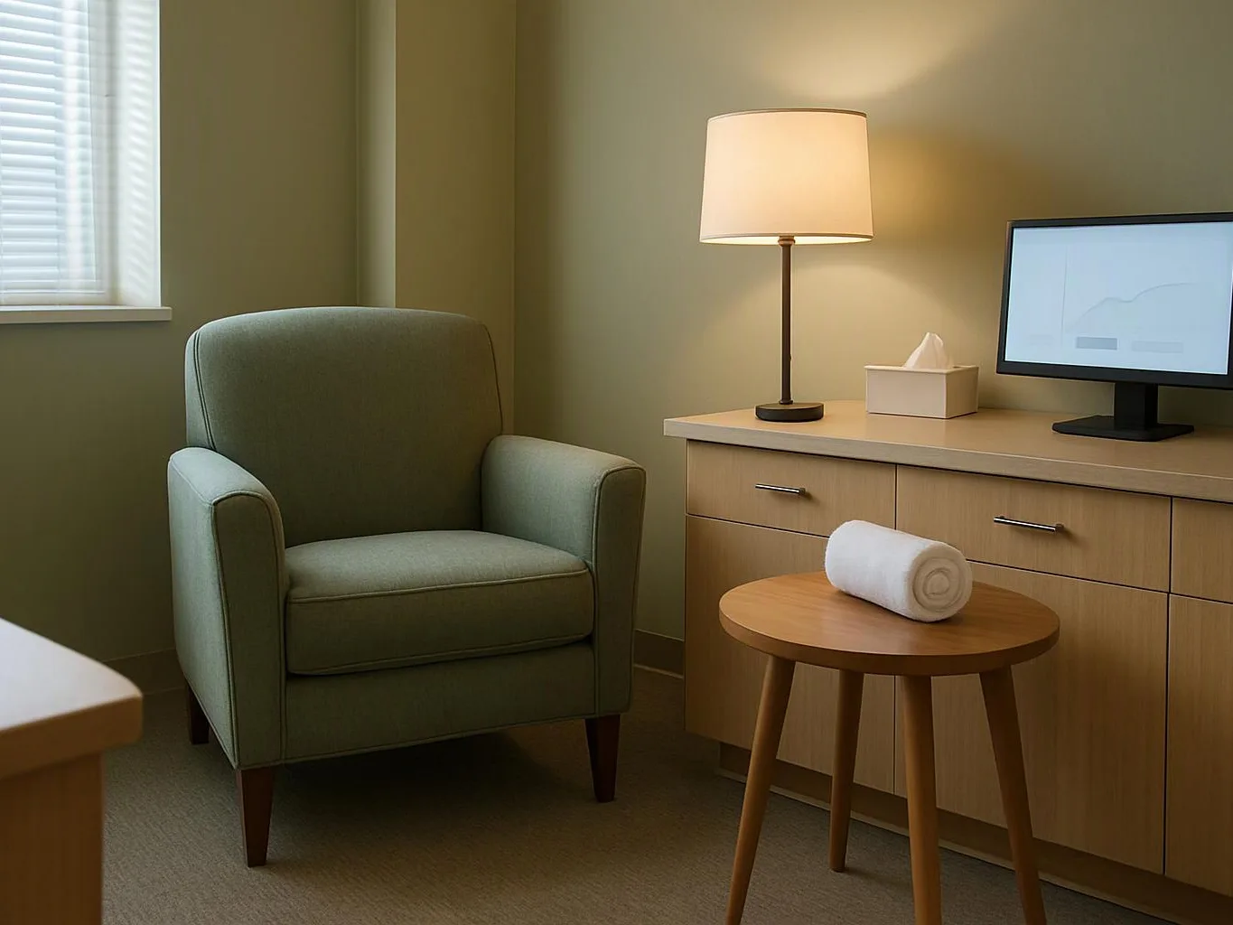 A quiet room shows a green armchair, lit lamp, monitor, tissue box, and rolled towel on a small stool