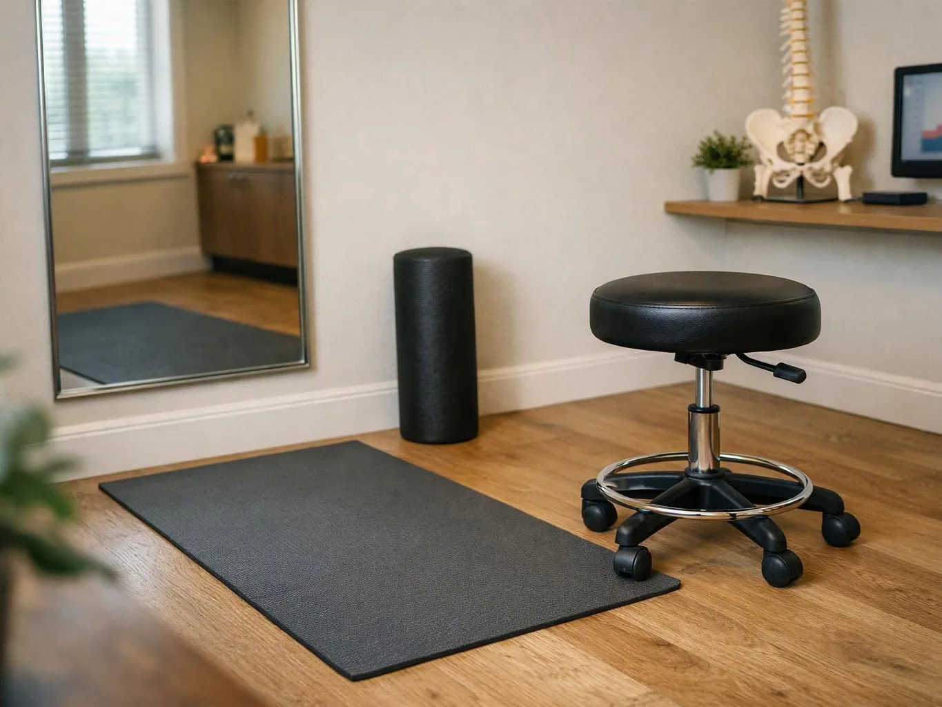 A quiet therapy room shows a black stool, yoga mat, foam roller, mirror, and spine model on a shelf