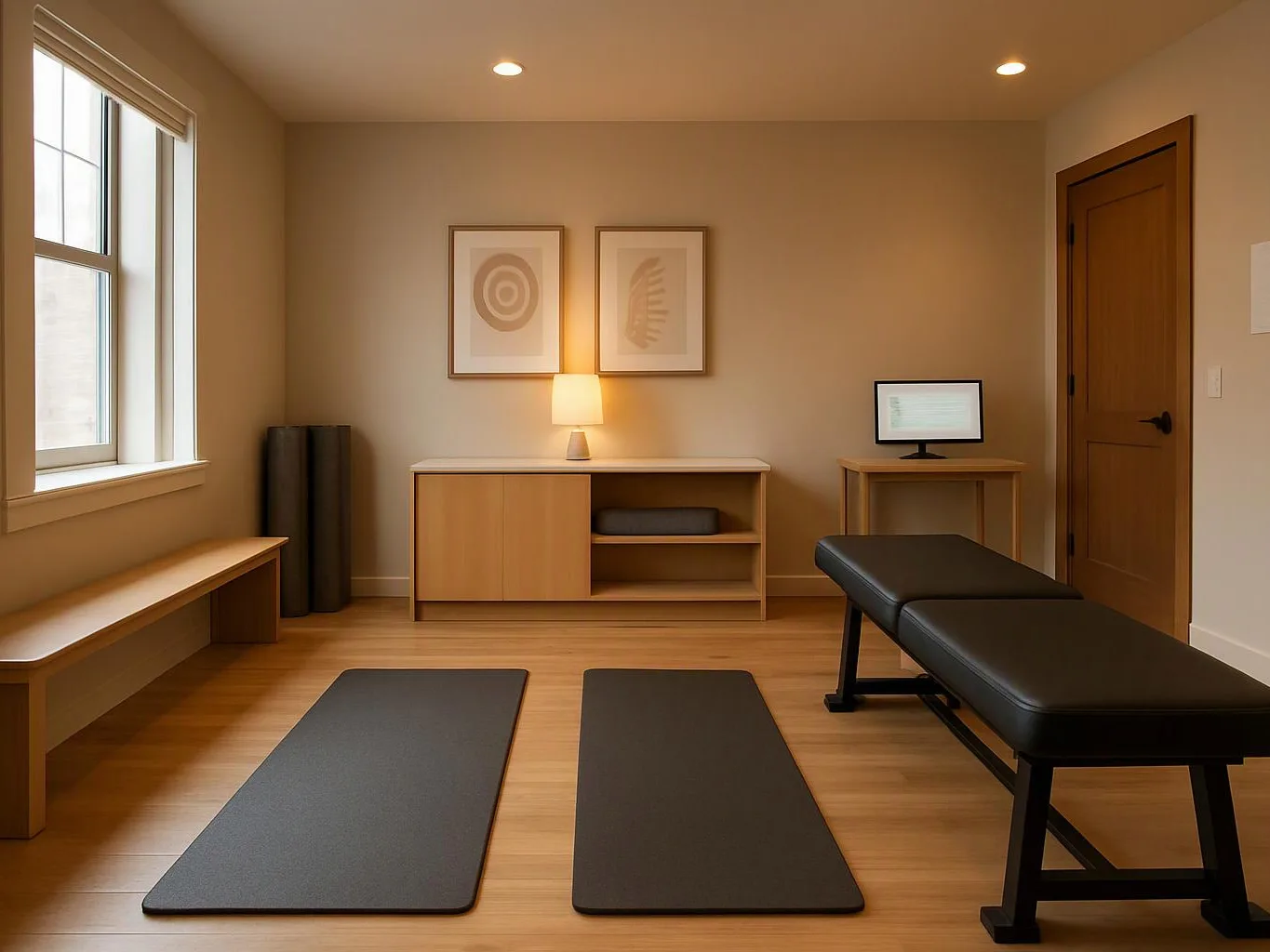 A quiet treatment room has a black exam table, two floor mats, a lamp, and minimalist wall art