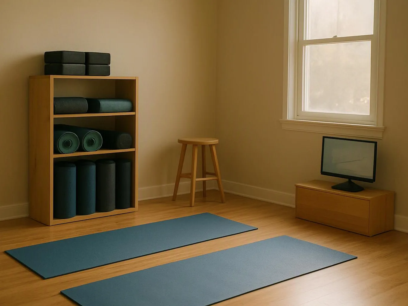 A quiet yoga room holds mats, rolled blankets, a stool, a small TV, and sunlight by a window