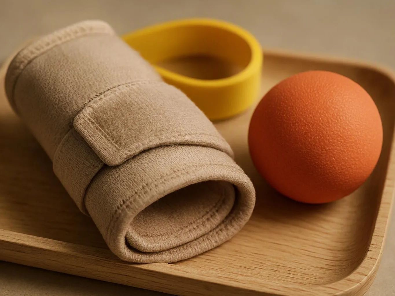 A rolled beige cloth, yellow ring, and orange ball sit on a wooden tray