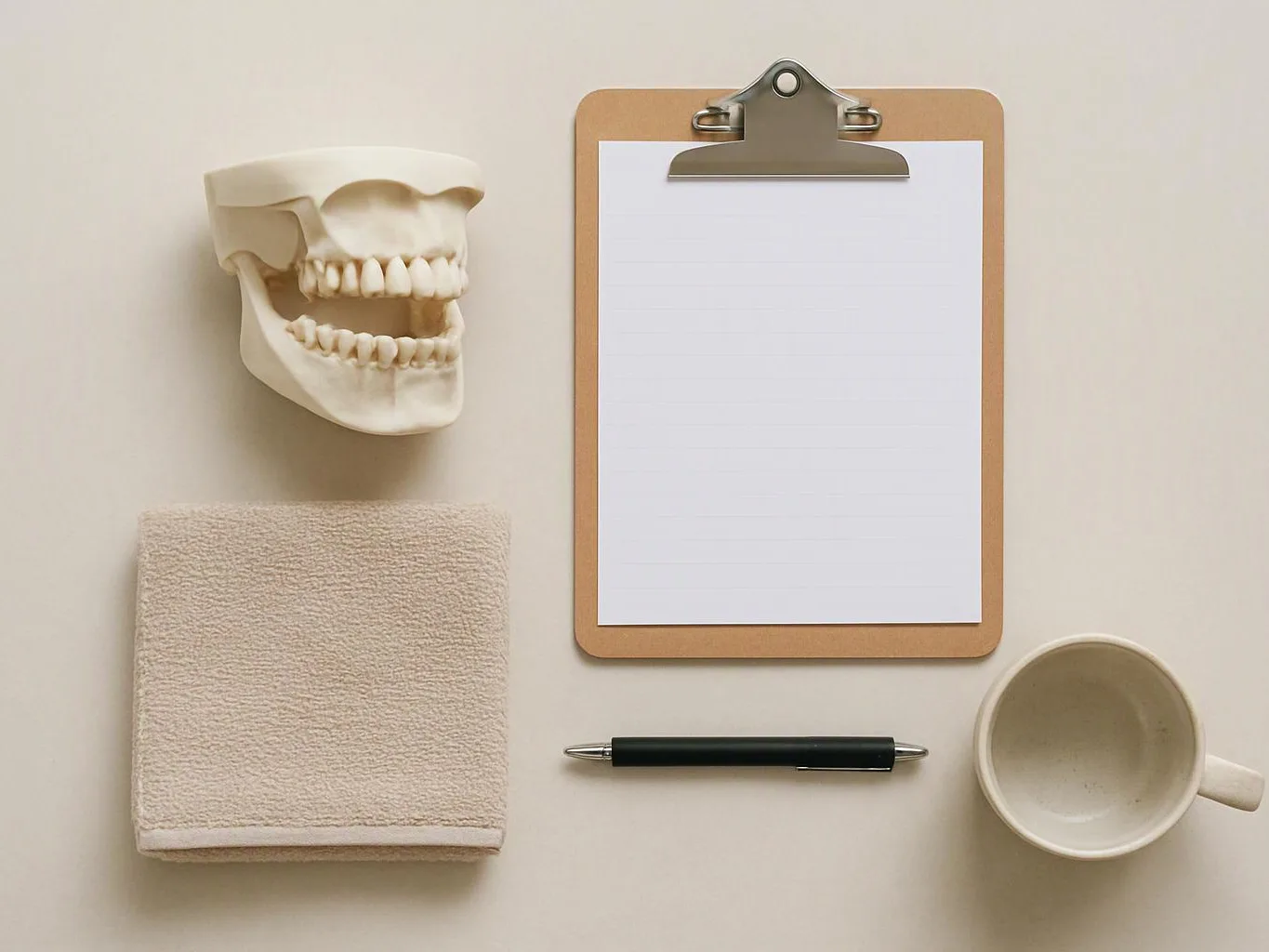 A skull model, clipboard with blank paper, folded towel, pen, and empty mug sit on a light surface