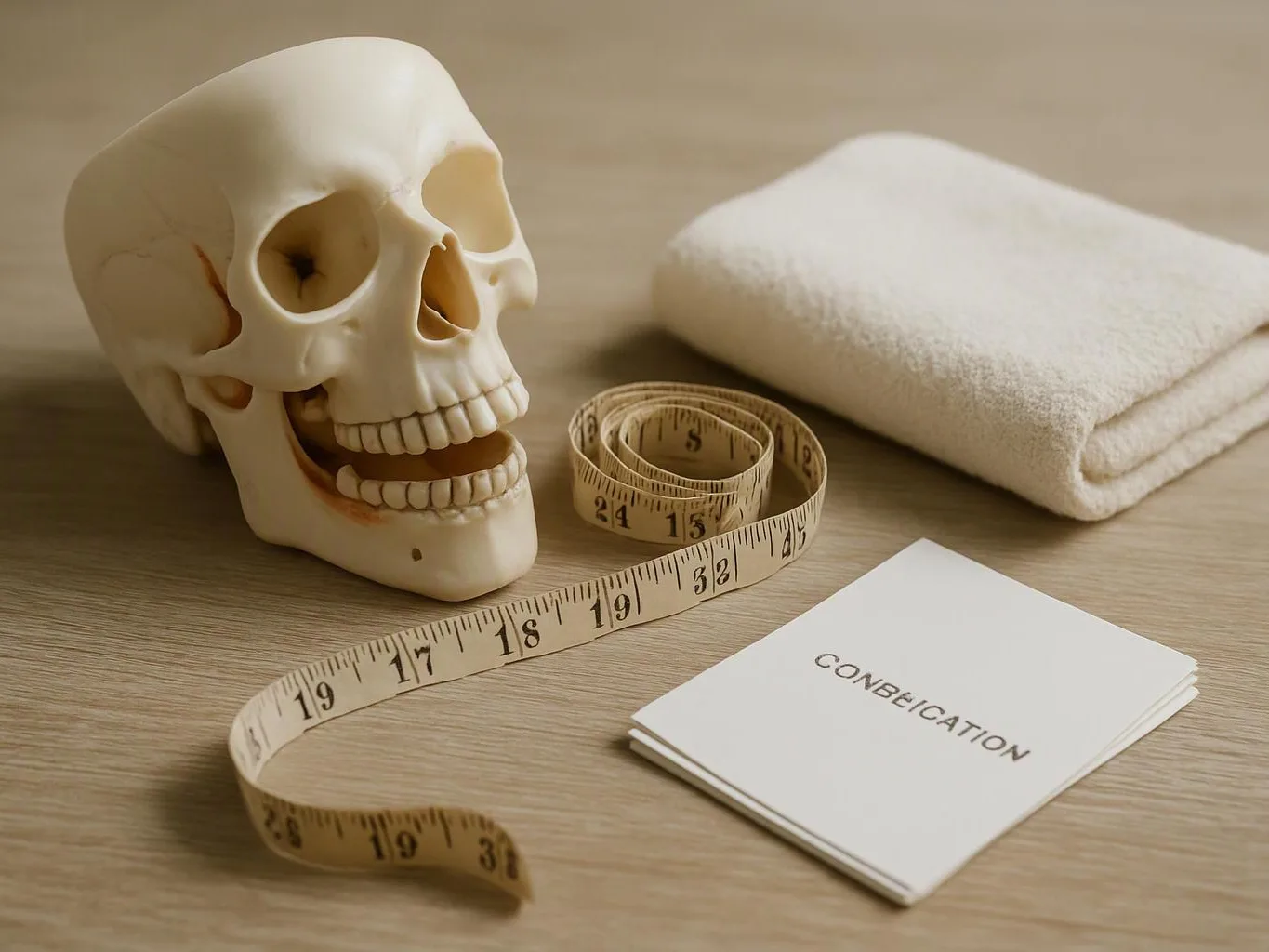 A skull model, measuring tape, folded towel, and a card labeled “CONBEICATION” rest on a wooden table