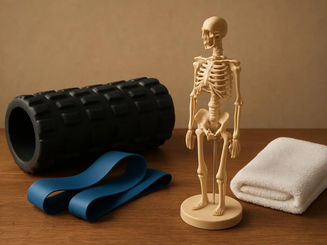 A small skeleton figurine stands beside a foam roller, resistance band, and folded towel on a wooden surface