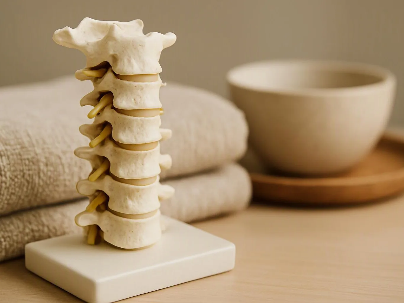 A small spine model stands on a white base beside folded towels and a bowl on a tray