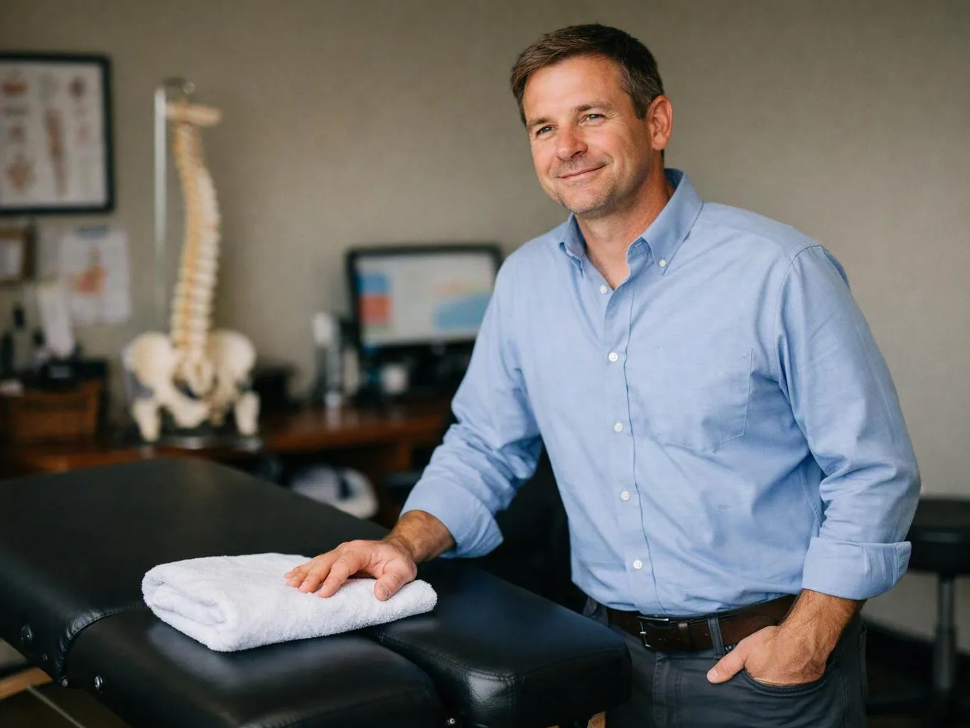 A smiling man in a blue shirt stands beside a massage table in a clinic room, with a spine model behind him