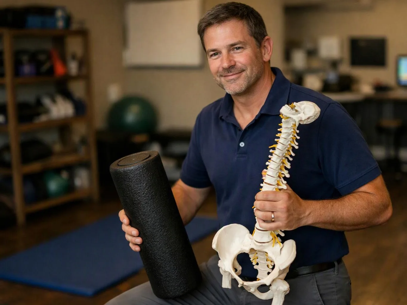 A smiling man in a clinic holds a foam roller and a spine model beside exercise mats