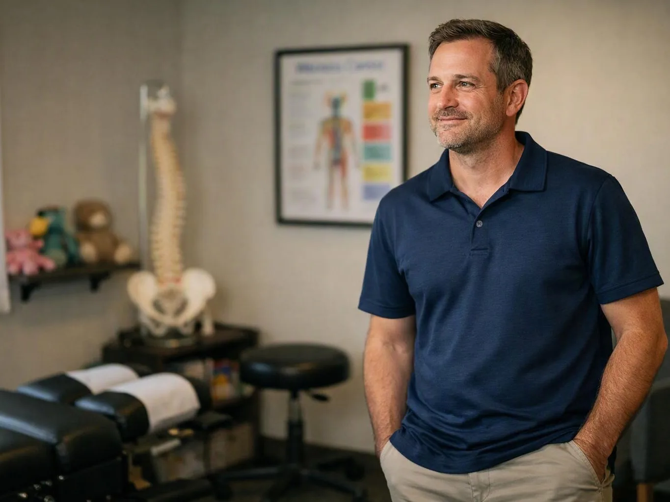 A smiling man in a navy polo stands in a chiropractic exam room with a spine model and treatment table
