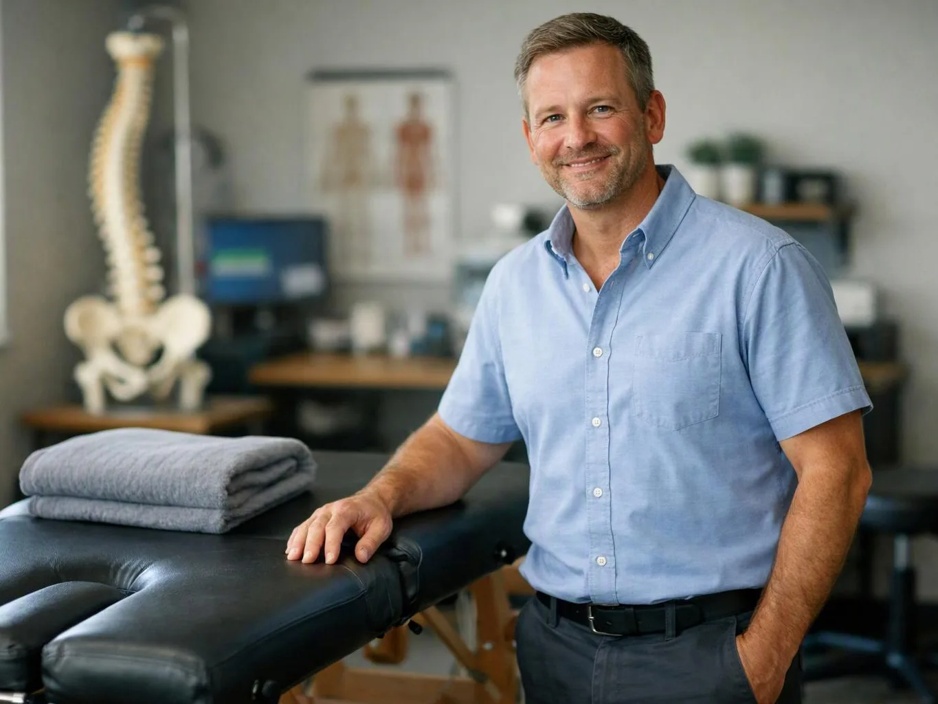 A smiling man stands beside a massage table with folded towels in a clinic room