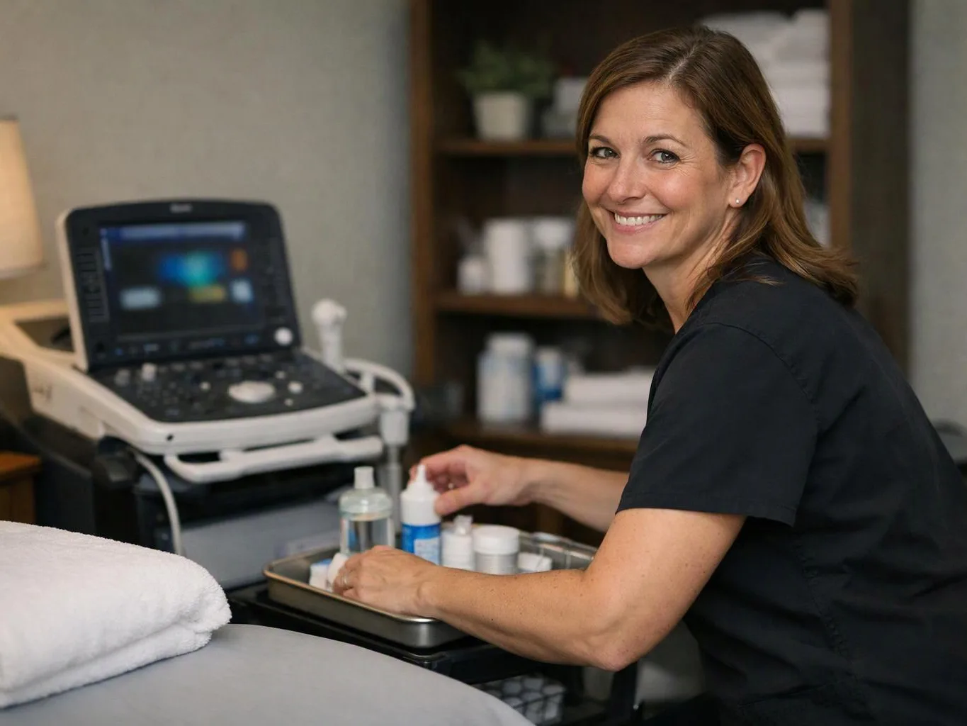 Smiling woman in black scrubs arranges bottles beside an ultrasound machine in a clinical room