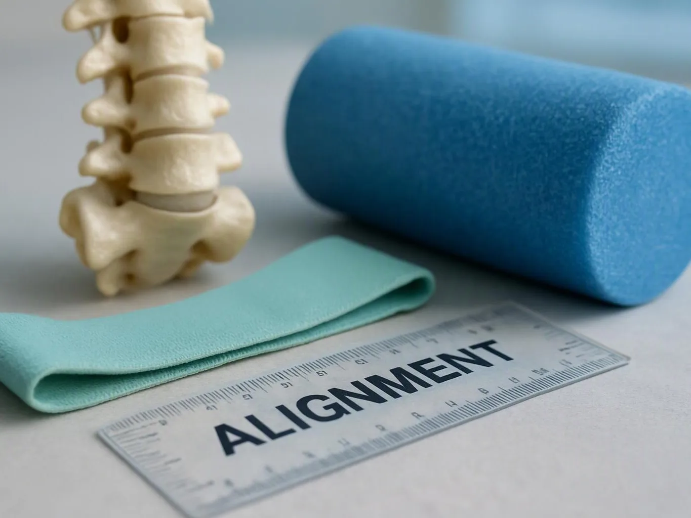 A spine model, foam roller, resistance band, and ruler labeled alignment sit on a white surface