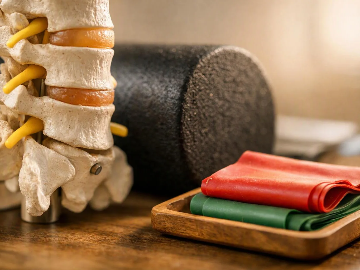 A spine model, foam roller, and rolled exercise bands rest on a wooden table