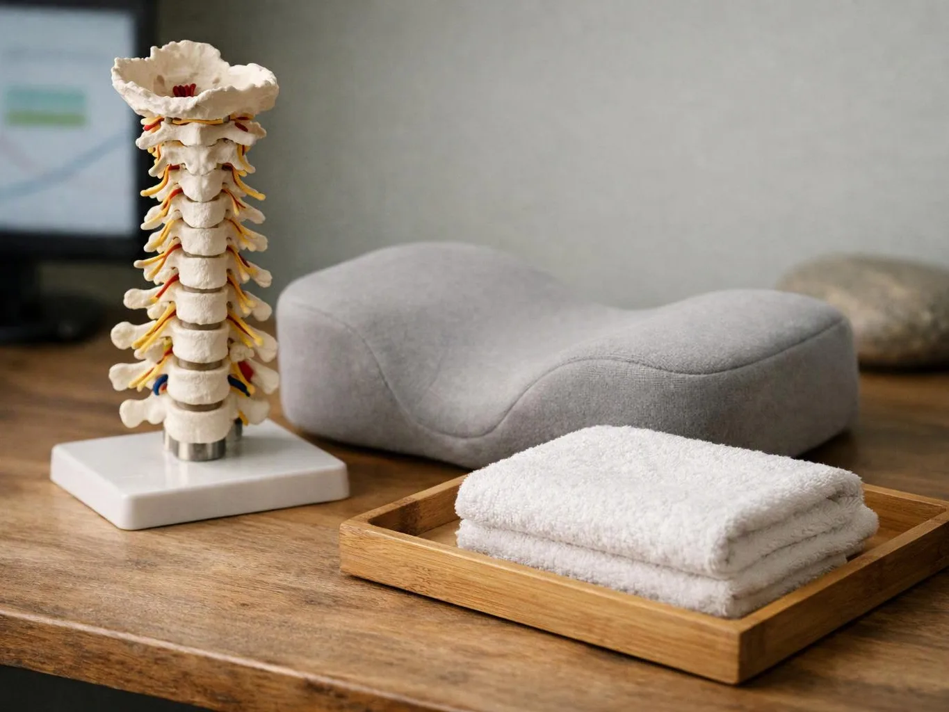 A spine model, gray support cushion, and folded towels sit on a wooden table