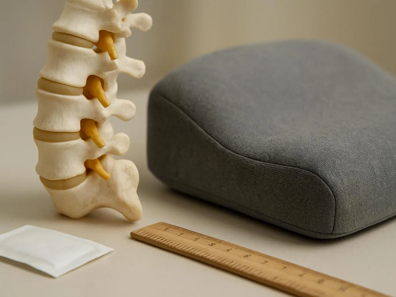 A spine model sits beside a gray cushion, with a ruler and small white packet on a table