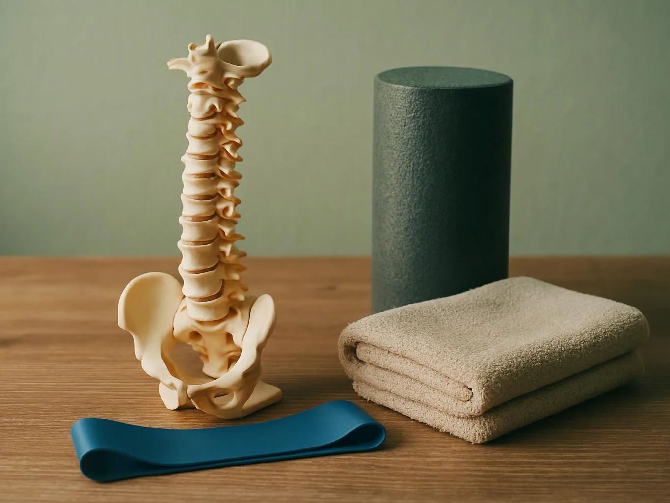 A spine model stands beside folded towels, a foam roller, and a blue exercise band on a wooden surface