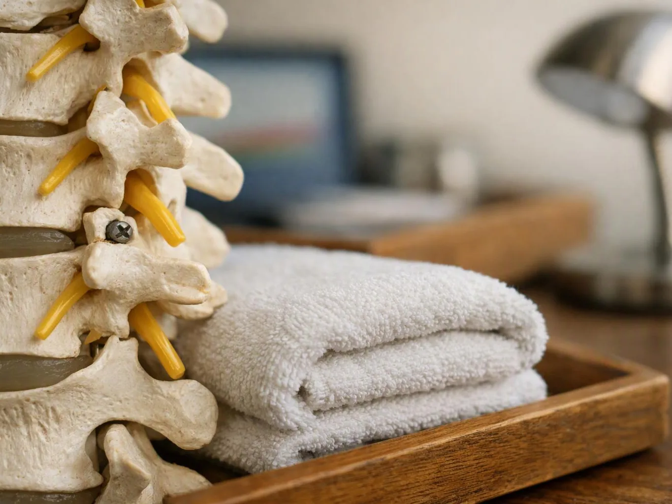 A spine model stands beside folded white towels on a wooden tray in a blurred clinic setting