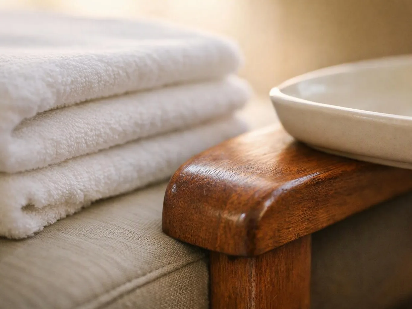 Stacked white towels sit beside a white basin on a polished wooden tray in warm light