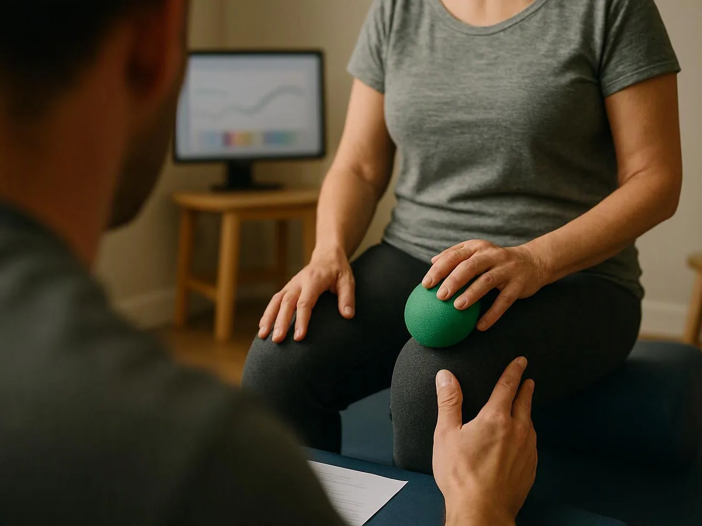 A therapist presses a green exercise ball into a seated woman's knee during a clinic session