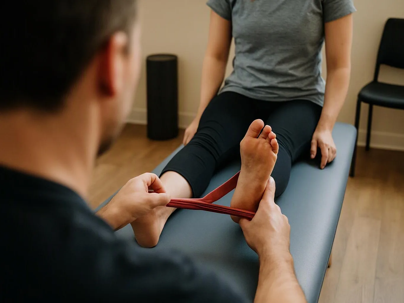 A therapist stretches a woman’s foot with a red band on a padded treatment table