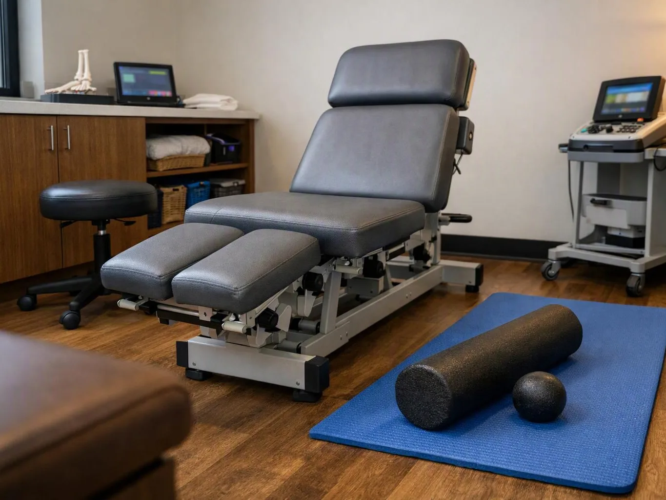 A therapy room shows a gray treatment table, exercise tools on a blue mat, and medical equipment nearby