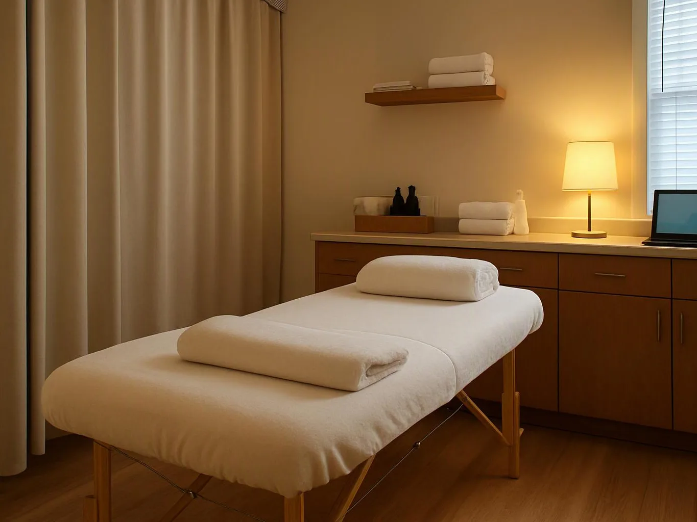 A tidy massage table with folded towels sits in a warm, softly lit treatment room