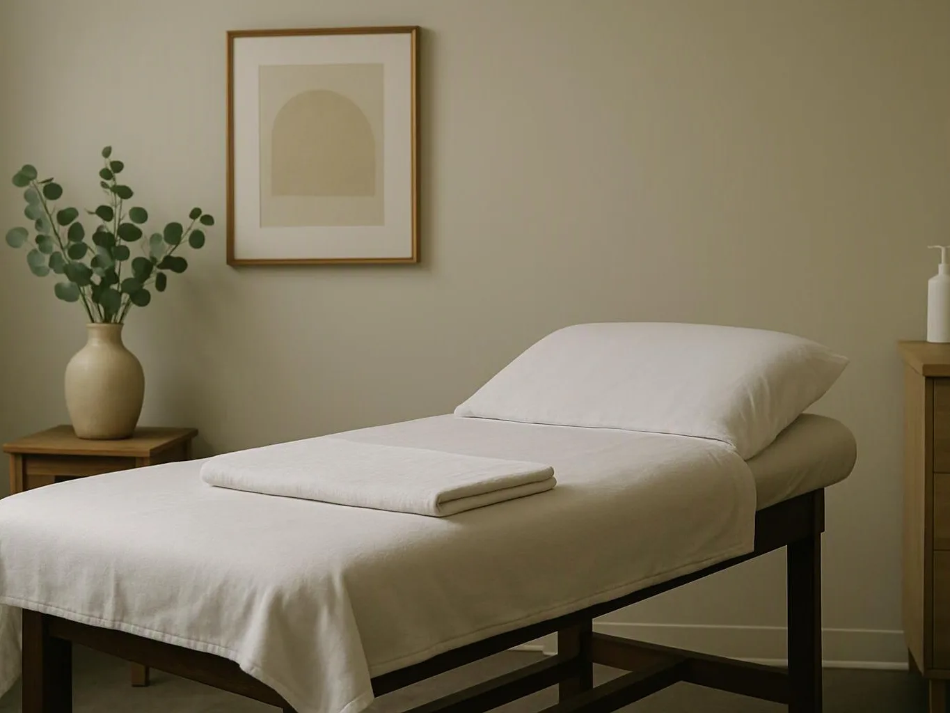 A tidy spa room shows a white treatment table, framed wall art, and a vase of leafy stems