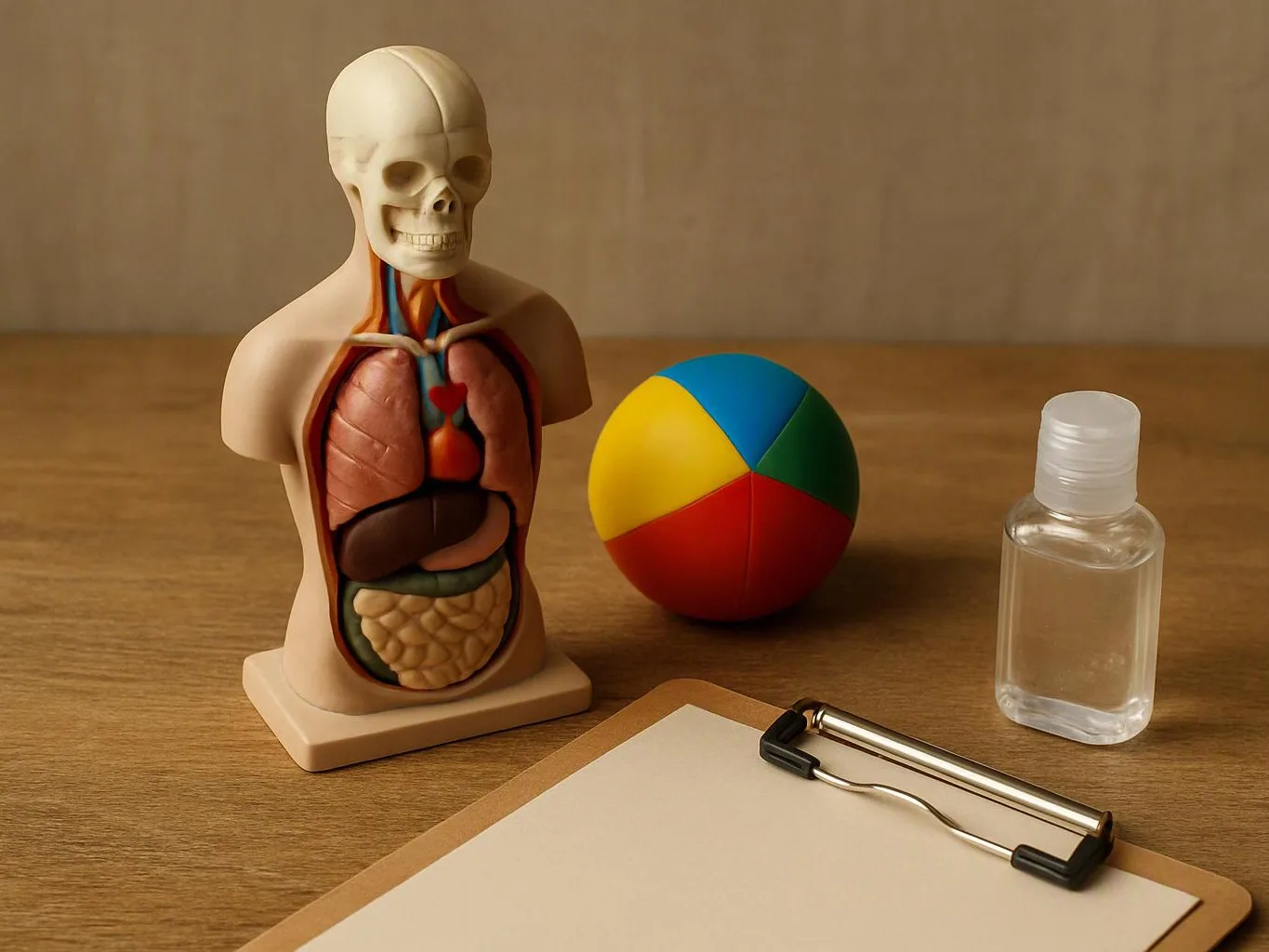 A torso anatomy model sits beside a color ball, a small bottle, and a clipboard on a wooden table