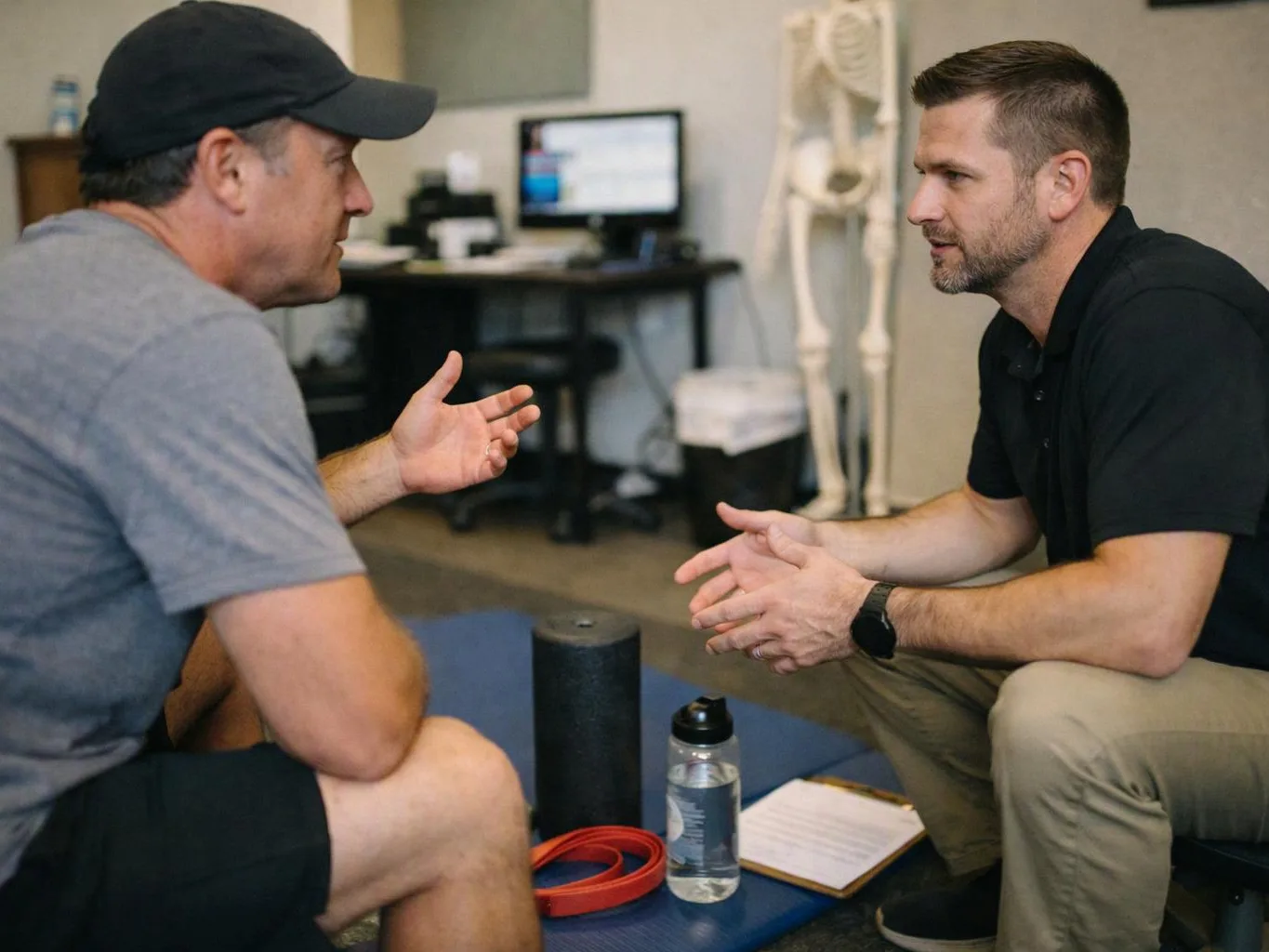 Two men sit face to face in a clinic room, talking beside exercise gear and a skeleton model